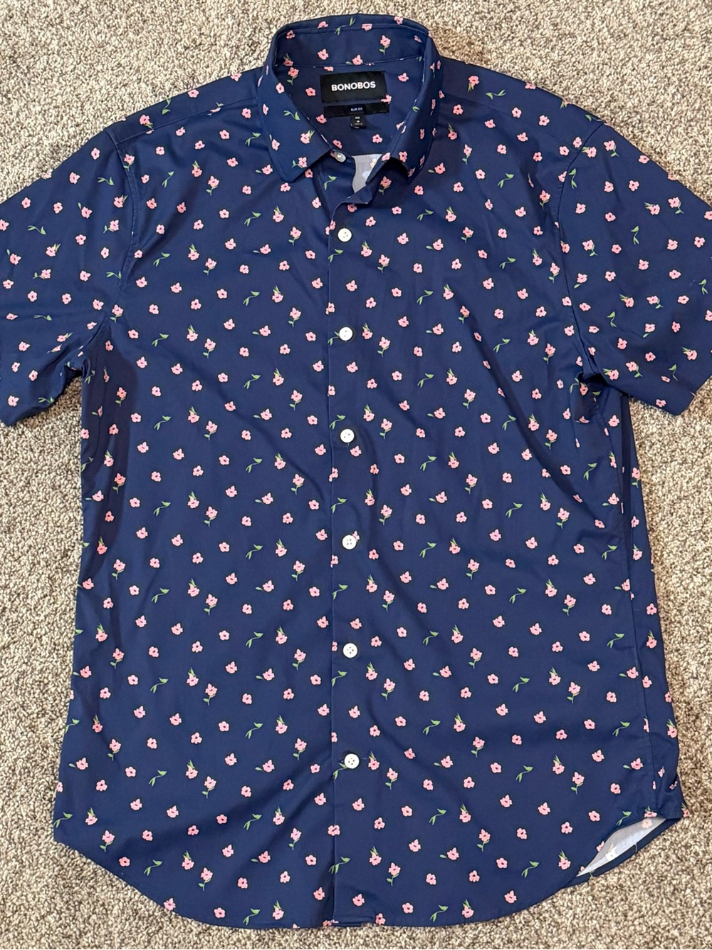 Bonobos Navy Button-Down Short-Sleeve Shirt with Pink Floral Print